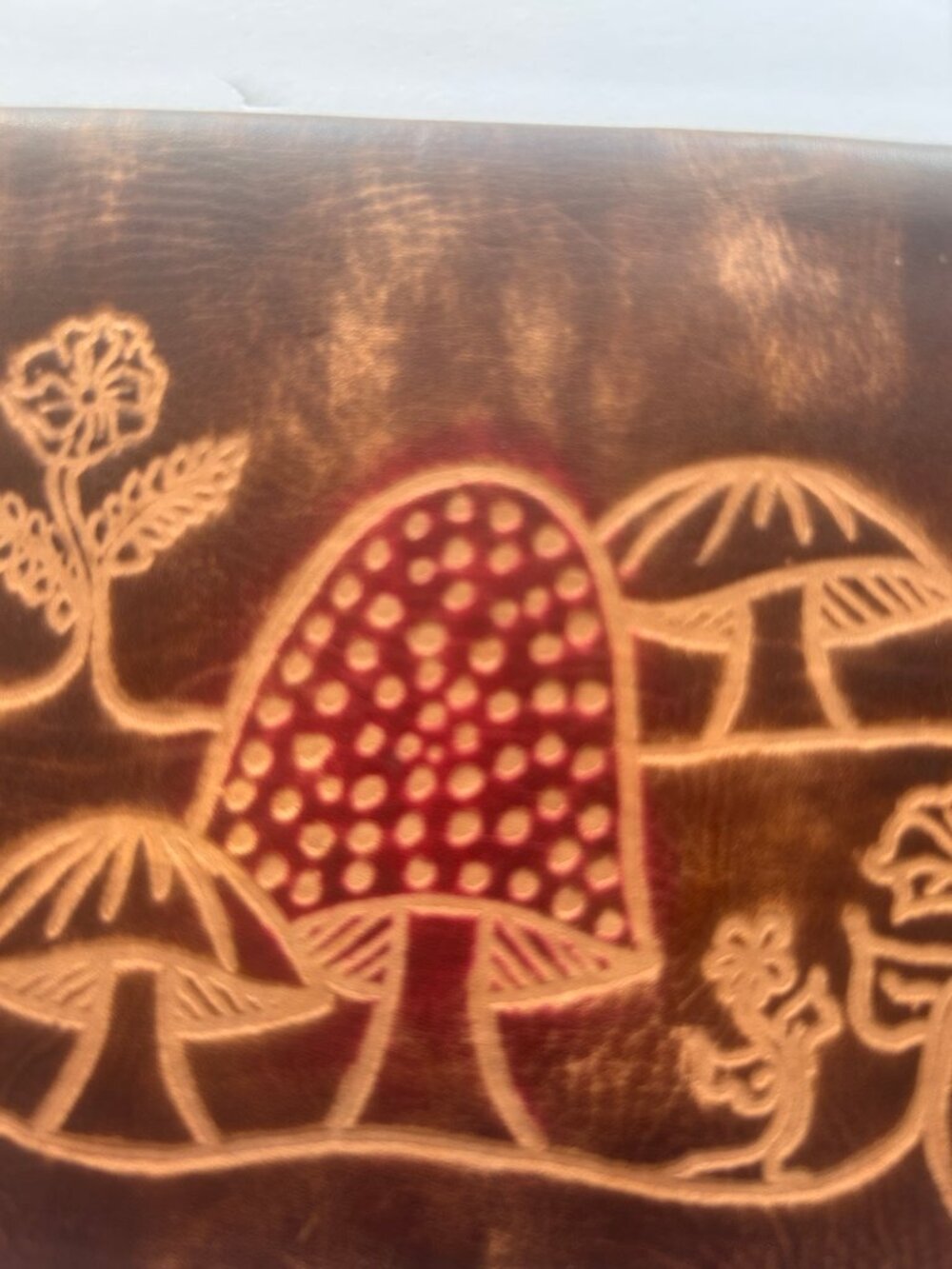 Artisan Brown Hand-Tooled Leather Checkbook Cover/Long Wallet Boho Mushroom - Picture 2 of 8